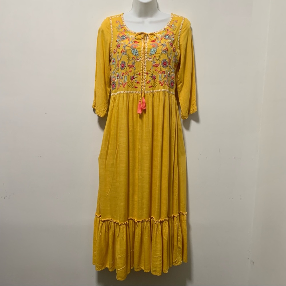 Melange Yellow Embroidered Tiered Ruffled Sundress 3/4 Sleeve NWOT.